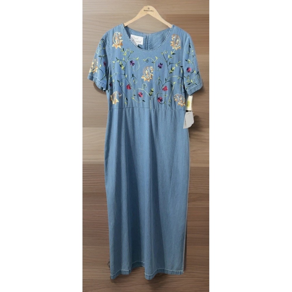 NOS Sarah Elizabeth Floral Embroidery‎ Long Denim Dress NWT Sz 14 Cottagecore